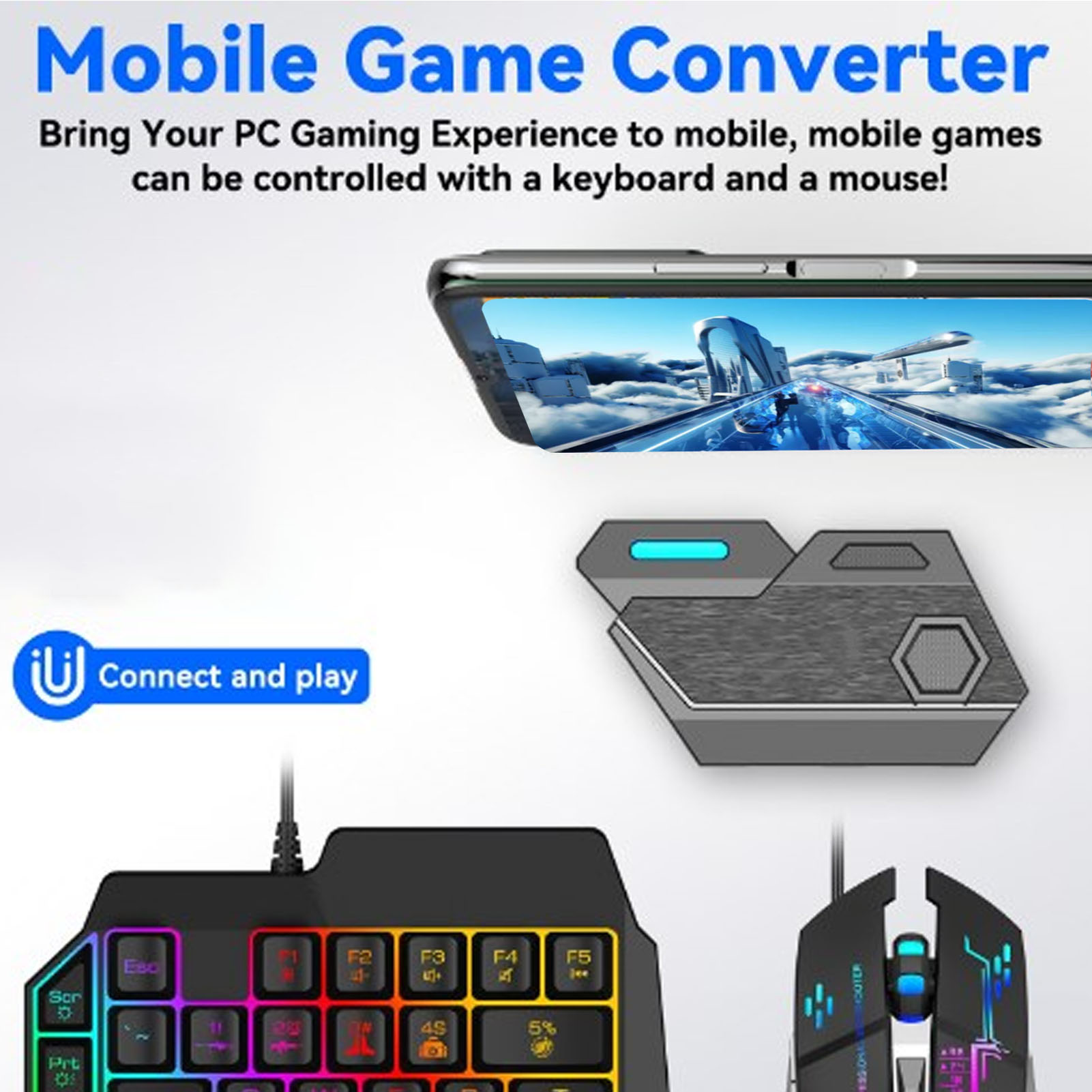 Gaming Keyboard And Mouse Mobile - ชุดคอมโบเกมมือถือ เชื่อมต่อบลูทูธ คีย์บอร์ดและเมาส์แบบมือเดียว ตอบสนองไว พร้อมที่ยึดโทรศัพท์ปรับได้สำหรับเล่นเกม