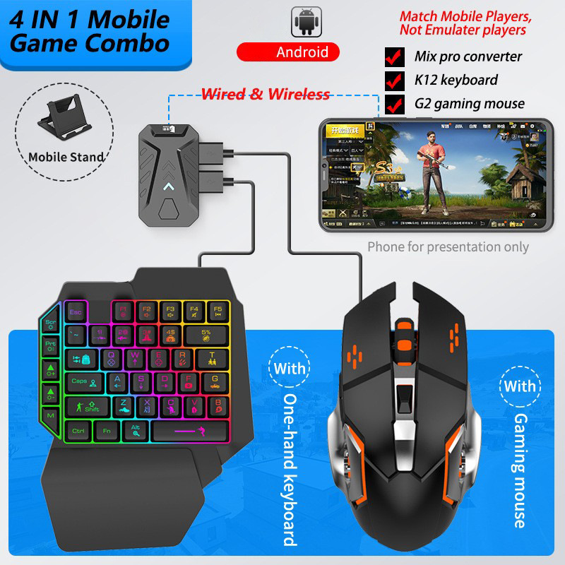 Gaming Keyboard Half - ชุดคีย์บอร์ดและเมาส์สำหรับเล่นเกมบนมือถือ คอนเวอร์เตอร์เกมมิ่ง คีย์บอร์ดเกมมิ่งแบบมือเดียว คอนโทรลเลอร์คีย์บอร์ดแบบมีสายและบลูทูธ สองโหมด Mix