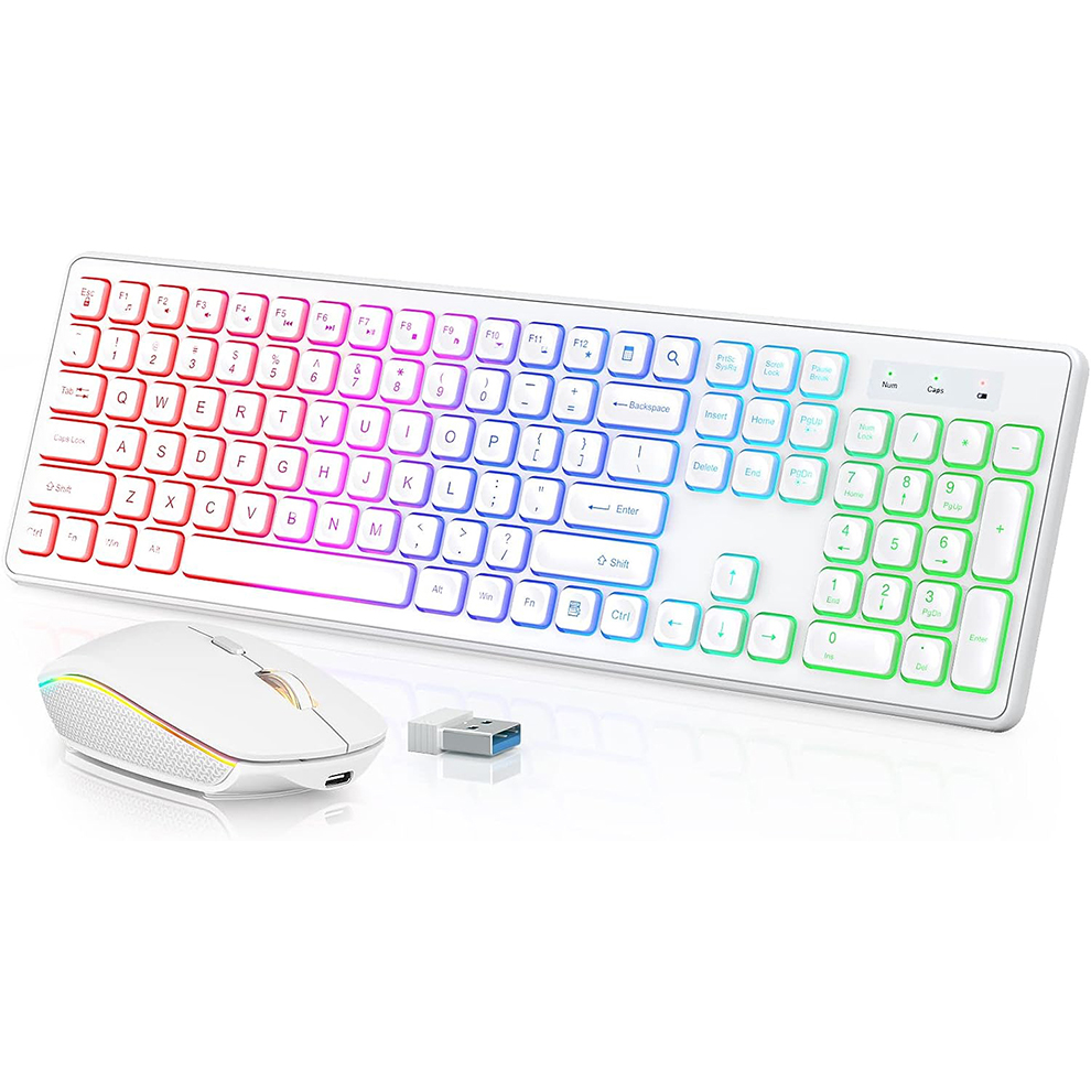 Gaming Keyboard Ergonomics - คีย์บอร์ดและเมาส์ไร้สายแบบมีไฟพื้นหลัง, ปุ่มเรืองแสงเงียบ, ขาตั้งปรับเอียงได้, ชุดคอมโบไร้สายแบบชาร์จไฟได้ผ่าน USB สำหรับคอมพิวเตอร์,